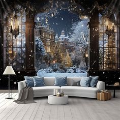 a living room decorated for christmas with a large mural on the wall and lots of windows