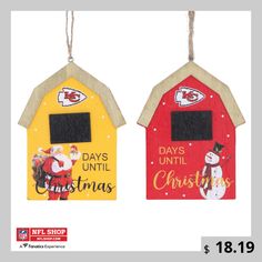 two christmas decorations hanging from strings on a white background with the words days until christmas written in red and yellow