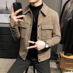 Autumn/Winter Men Polo Neck Woolen Jacket Fashion Slim Fit Suit Coat Checkered Terno Slim Fit, Cloth Coat, Running Shorts Women, Slim Fit Jackets, Casual Outerwear, Classic Jacket, Korean Casual, Cool Outfits For Men, Slim Fit Suit