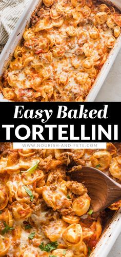 an easy baked tortellini casserole in a white dish with a wooden spoon