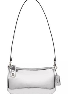 Metallic Silver Rectangular Shoulder Bag For Formal Occasions, Metallic Silver Rectangular Shoulder Bag For Formal Events, Elegant Metallic Silver Rectangular Shoulder Bag, Formal Metallic Silver Rectangular Shoulder Bag, Silver Glossy Finish Bags, Metallic Leather Shoulder Bag For Evening, Silver Metallic Leather Evening Bag, Coach Silver Evening Bag, Silver Coach Evening Bag