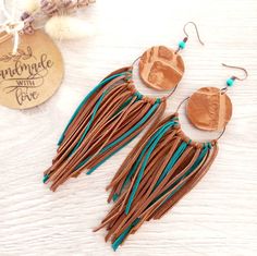 Genuine leather hoop fringe earrings gift for women feather tassel hand made craft unique jewelry western brown blue long dangle earrings Diy Leather Feather Earrings, Suede Earrings, Suede Jewelry, Jewelry Western, Leather Jewelry Diy, Western Brown, Leather Jewellery, Western Earrings, Unique Jewelry Gifts