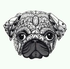 a black and white drawing of a pug's face with geometric shapes on it