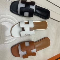 3 New Sandals Very Cute On Size 7.5 Luxury Synthetic Sandals For The Beach, Luxury Synthetic Beach Sandals, Elegant White Slides For Beach, Designer Synthetic Sandals For Beach, Luxury Synthetic Sandals For Vacation, Designer White Slides For Beach, Designer White Beach Slides, Brown Hermes Sandals, Hermes Sandals