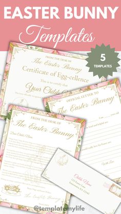 the easter bunny certificate is shown with pink and green flowers