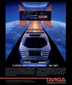 an advertisement for the targa radio system, featuring a futuristic car in front of earth