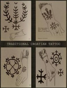 four different types of tattoos on paper with the words traditional croatan tattoo written below them