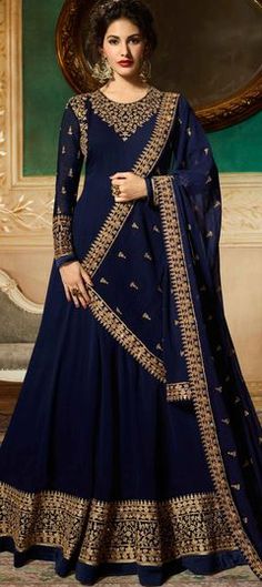 Blue color Salwar Kameez in Georgette fabric with Embroidered, Thread, Zari work अनारकली सूट, Georgette Anarkali Suits, डिजाइनर कपड़े, Green Anarkali, Indian Anarkali, Designer Anarkali Suits, Gown Suit, Gaun Fashion, Salwar Kamiz