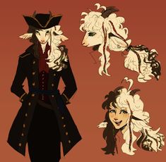 an animated drawing of a woman with long white hair and black coat, in three different poses