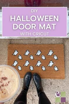 a person standing in front of a door mat with ghost stickers on it and the words diy halloween door mat with cricut