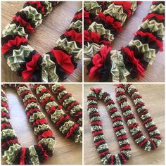 four different pictures of christmas wreaths with red and green bows on them, one is made out of dollar bills