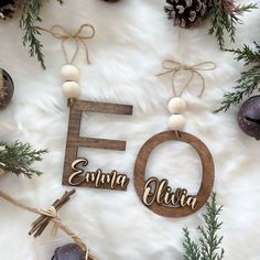 a wooden sign that says'fo'surrounded by pine cones and other decorations