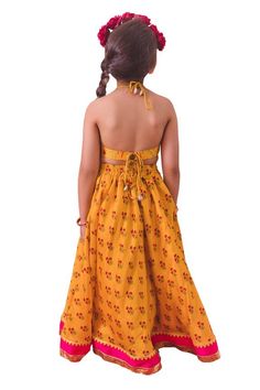 Yellow flared lehenga with all over palm garden bloom print and gota embellishments. Paired with a matching printed halter neck blouse with metal coins and cowrie shell embellishments on the hem and a contrasting red dupatta. - Aza Fashions Summer Cotton Anarkali Set With Pallu, Summer Festive Cotton Lehenga, Anarkali Choli With Summer Floral Print, Summer Anarkali Choli With Floral Print, Festive Cotton Lehenga With Floral Print, Traditional Cotton Lehenga With Floral Print, Summer Festive Lehenga With Printed Motifs, Summer Festive Choli With Printed Motifs, Summer Festive Bandhani Print Sets