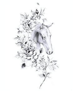 a black and white drawing of a horse with flowers on it's back side