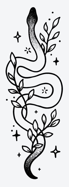 a black and white drawing of a snake with leaves on its tail, surrounded by stars