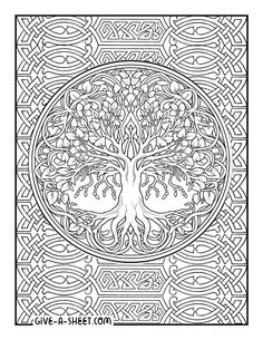 an intricate coloring page with a tree in the center