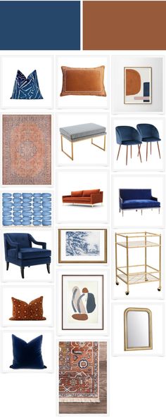 a collage of blue and brown furniture with text overlay that reads, the color scheme for living room