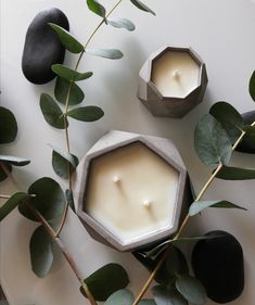 two candles sitting next to each other on top of a table with leaves and rocks