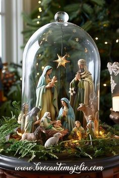 the nativity scene is under a glass dome