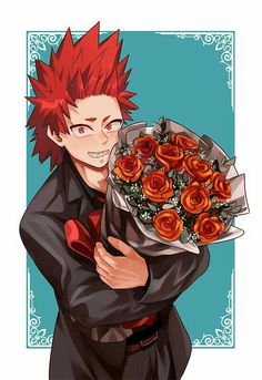 a man with red hair holding a bouquet of roses