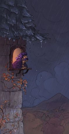 a cartoon character is sitting on a ledge in the rain