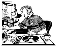 a black and white drawing of a woman at a desk with headphones on her ears