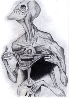 a pencil drawing of an alien with its head in the shape of a human face