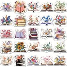 an open book with many different flowers and books on it's sides, surrounded by stickers