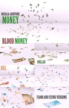 money falling down into the air with words above it that read blood money, dollar bill, floor and flying versions