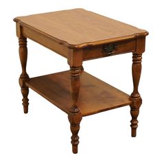 a small wooden table with one drawer on the top and two legs at the bottom