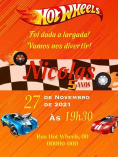 an advertisement for a hot wheels event with two racing cars on the front and back