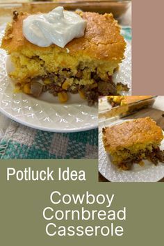 a collage of photos showing different types of cornbread casserole with sour cream on top