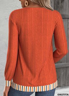 Cotton Sweater With Splicing For Fall, Fall V-neck Top With Splicing Details, Fall V-neck Spliced Tops, V-neck Spliced Top For Fall, V-neck Splicing Top For Fall, Orange Color Block Tops For Fall, Fall Orange Color Block Tops, Long Sleeve Sweater With Splicing For Fall, Red Long Sleeve Spliced Top