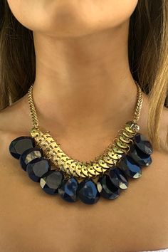 - Blue Beaded Statement Necklace- Gold Tone- L: 18"- Lobster Clasp Blue Faceted Bead Necklace For Party, Blue Faceted Beads Necklace For Party, Blue Beaded Chain Necklace For Party, Blue Large Beads Necklace For Party, Deep Blue Sea, Gold Statement Necklace, Beaded Statement Necklace, Blue Sea, Necklace Gold