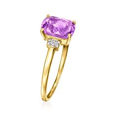 Ross-Simons - 1.30ct Amethyst Ring, White Topaz Accents in 10kt Yellow Gold. Size 8. Canaria fine jewelry. Perfect for everyday wear, these genuine 10kt gold wardrobe essentials are fashionable, fun and designed to last a lifetime. Strong and durable, our collection of gold classics is always a great value. Celebrate your February birthstone with this 1.30 carat rectangular cushion-cut amethyst ring. Sparked with white topaz accents at each side and set in polished 10kt yellow gold. 1/4" wide. A Gold Wardrobe, Amethyst Birthstone, Rectangular Cushion, February Birthday, Unusual Jewelry, February Birthstone, February Birth Stone, Amethyst Ring, White Topaz