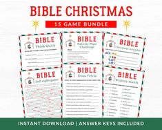 the bible christmas game bundle is shown in red, green and white with text on it