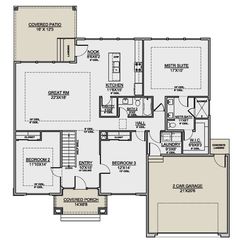 the first floor plan for a home with two master suites and an attached garage area