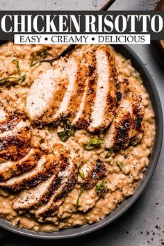 chicken risotto in a skillet with rice and garnishes on the side