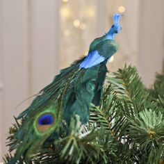 a peacock sitting on top of a christmas tree