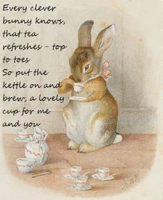 a painting of a rabbit sitting in a teacup with its front paws on the ground