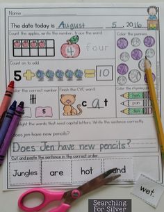 the worksheet for beginning and ending sounds is shown with scissors, pencils and markers