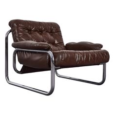 a brown leather reclining chair with chrome legs and footrests, viewed from the front