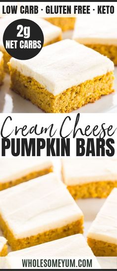 there are several different types of desserts on the table with text overlay that says cream cheese pumpkin bars