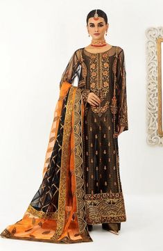 Maryum N Maria Pakistani Long Black Formal Dress | QFD-0060-Rangreza Outlet Organza Trousers, Vogue Clothing, Long Black Dress Formal, Net Design, Clothing Studio, Organza Sleeves, Pakistani Wedding Dress, Net Dress, Embroidered Organza