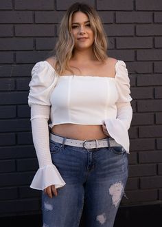 The BELLA Crop Top features a square neckline and puffy sleeves with ruched back and sleeves that flare at the wrist. Wear it with your favorite high waisted jeans and strappy sandals. White Crop, Puffy Sleeves, Square Necklines, White Crop Top, Strappy Sandals, High Waist Jeans, Bell Sleeve Top, High Waisted, Casual Outfits