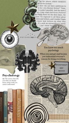 the collage shows different types of books and papers with words on them, including an image of a person's head