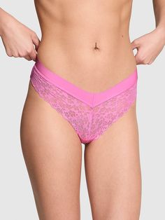 The Takeaway: For ditching those VPLs This pair is perfect for everyday wear, thanks to a seamless design and cute-but-comfy lace. Bare coverage: Total cheek peek with no back coverage Low rise Imported Victoria’s Secret, Low Rise, Apparel Accessories, Everyday Wear, Lingerie, Lace, Pink, How To Wear, Design