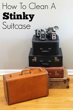 Tips for cleaning and deodorizing a vintage suitcase. Or any suitcase for that matter. Normally I'm a sniff it before I buy it kind of person, but occasionally you end up with a stinky one. Craft Storage Diy, Suitcase Decor, Clean Metal, Old Suitcases, Glass Cooktop, Vintage Suitcases, Diy Upcycling, Deodorizing, Vintage Suitcase