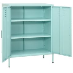 an empty blue metal cabinet with shelves