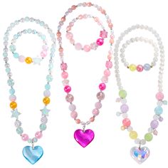 PRICES MAY VARY. ❀ original fashion design - this 3-piece heart jewelry collection is both fashionable and classic. Choose transparent texture material beads, pink, rose red, blue for collocation, suitable for all kinds of daily clothing collocation. ❀Share - beautiful heart necklace 3 sets, different colors with your best friends, your sisters to share, enjoy the happiness of friendship. ❀High Quality Material--All accessories made of quality plastic and resin, non-toxic and safe. ❀Handmade, Mo Toddler Jewelry, Bracelet For Kids, Pretend Jewelry, Birthday Goodie Bags, Gelang Manik-manik, Bracelet With Heart, Princess Necklace, Gelang Manik, Kids Necklace